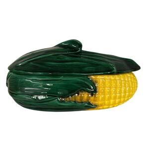 Corn Shaped Covered Ceramic 11” Dish Green Yellow Farmhouse Decor Covered Lid